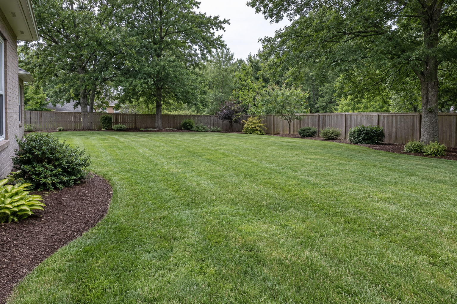 Freshly mowed back lawn running to a wooden privacy fence under shade trees