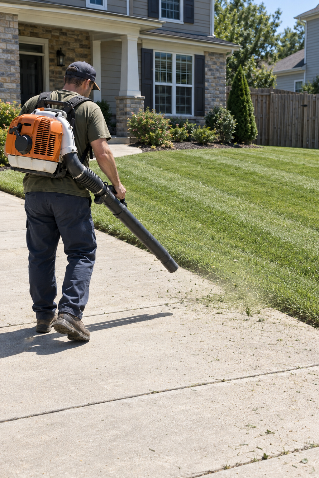 Worker with a backpack blower clearing grass clippings off a driveway beside a mowed lawn