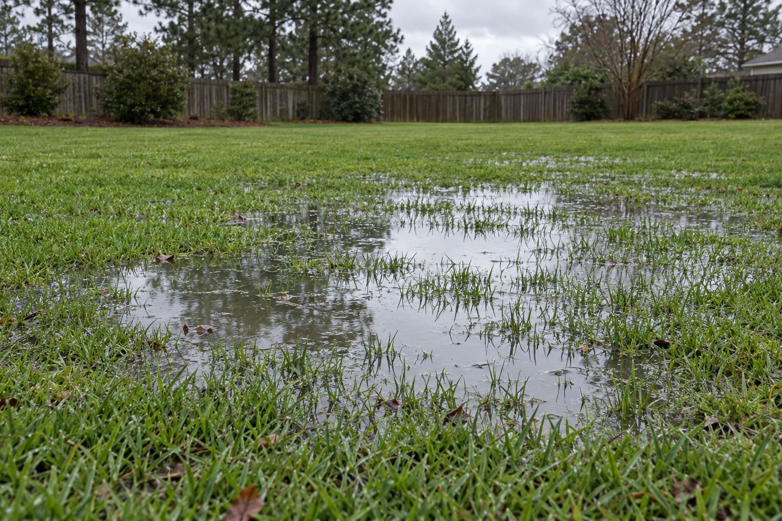 Rainwater standing on a fescue lawn over slow-draining clay