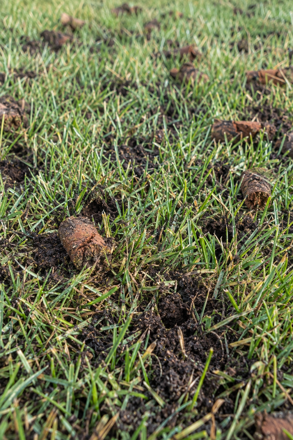 Dark compost settled into aeration holes beside red clay plugs on a lawn