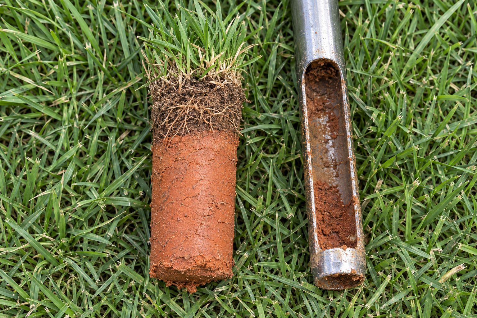 red clay soil core under grass