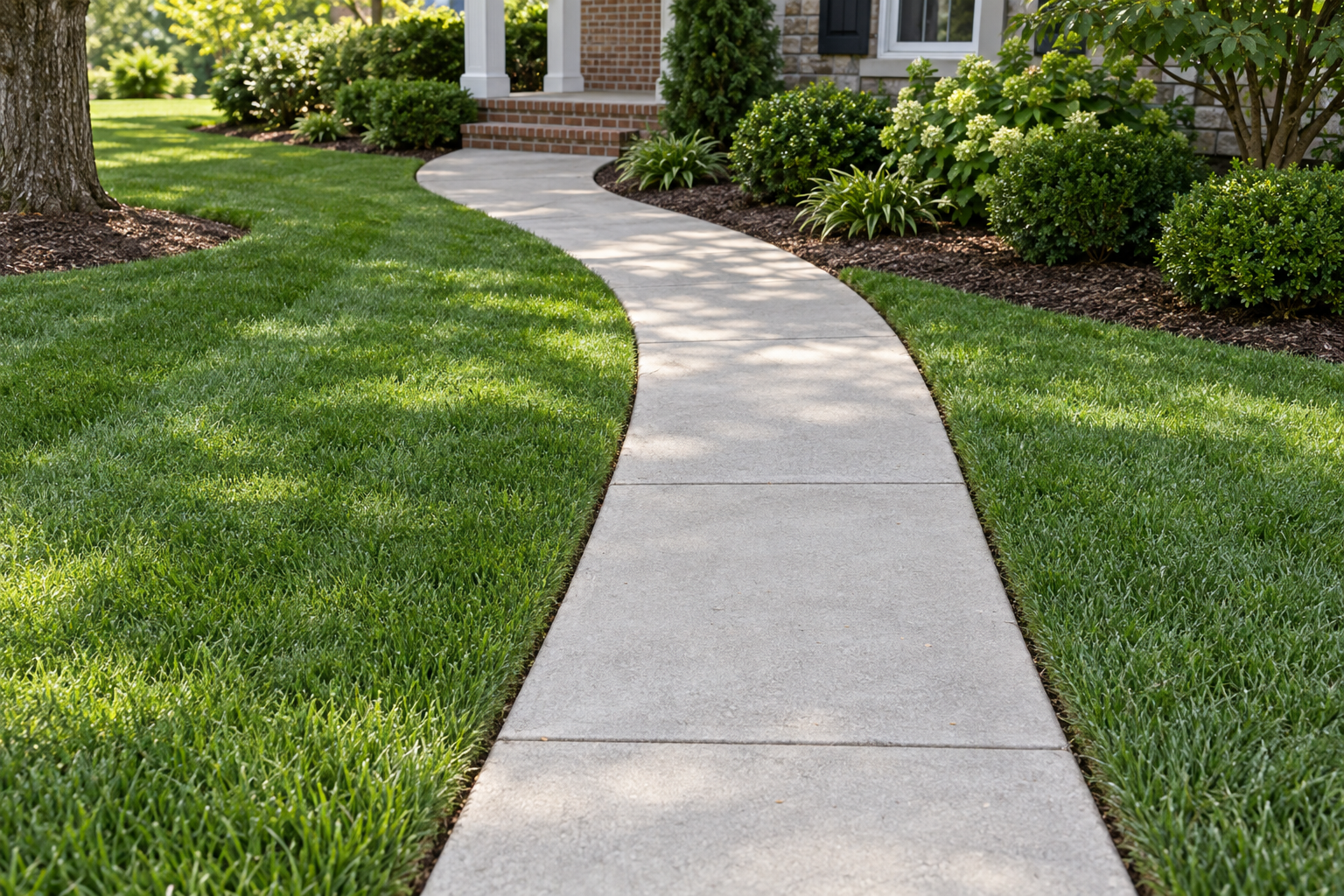 Concrete front walk with crisp edges running through a freshly mowed lawn