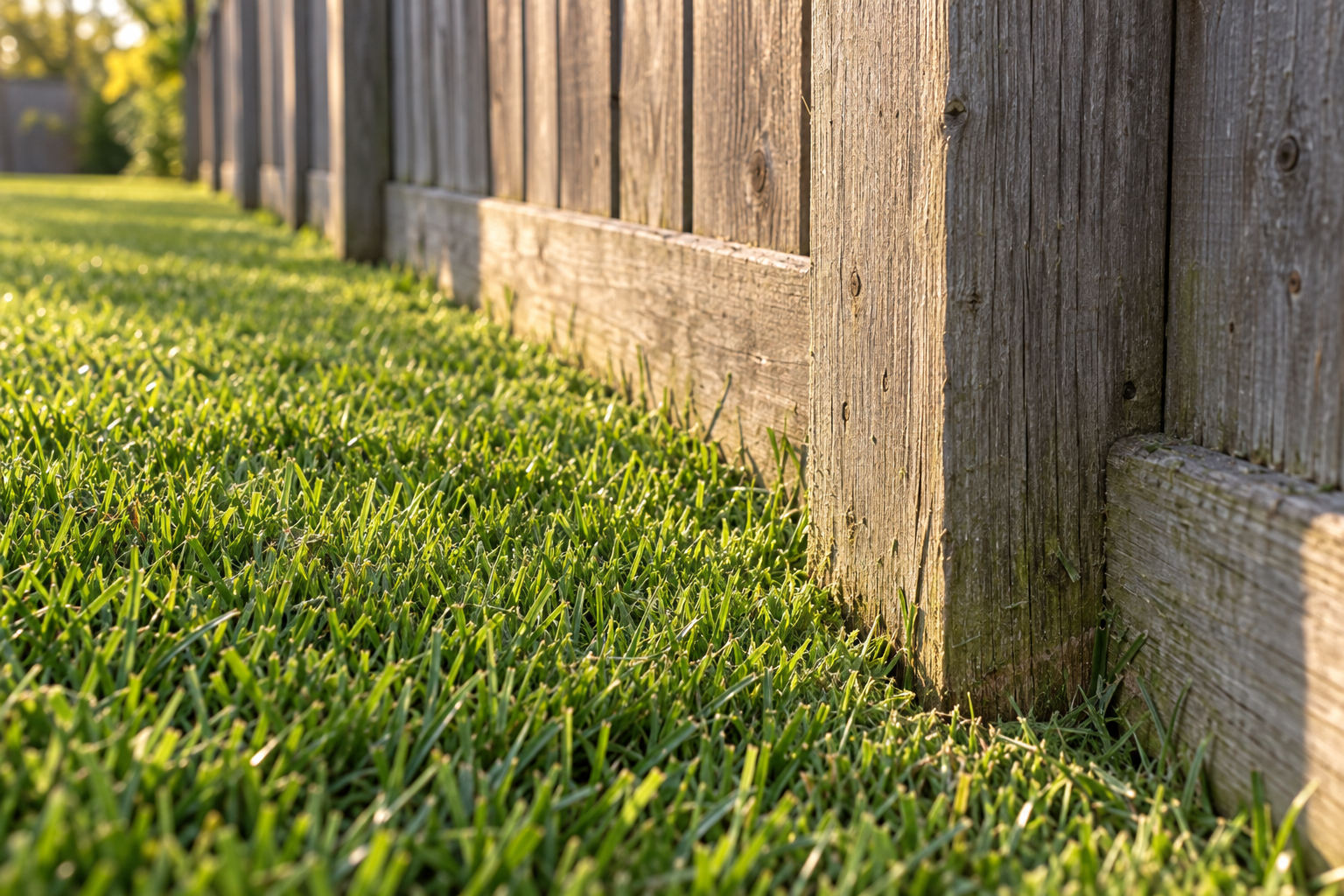 String-trimmed grass meeting the base of a wooden fence post at the edge of a mowed lawn