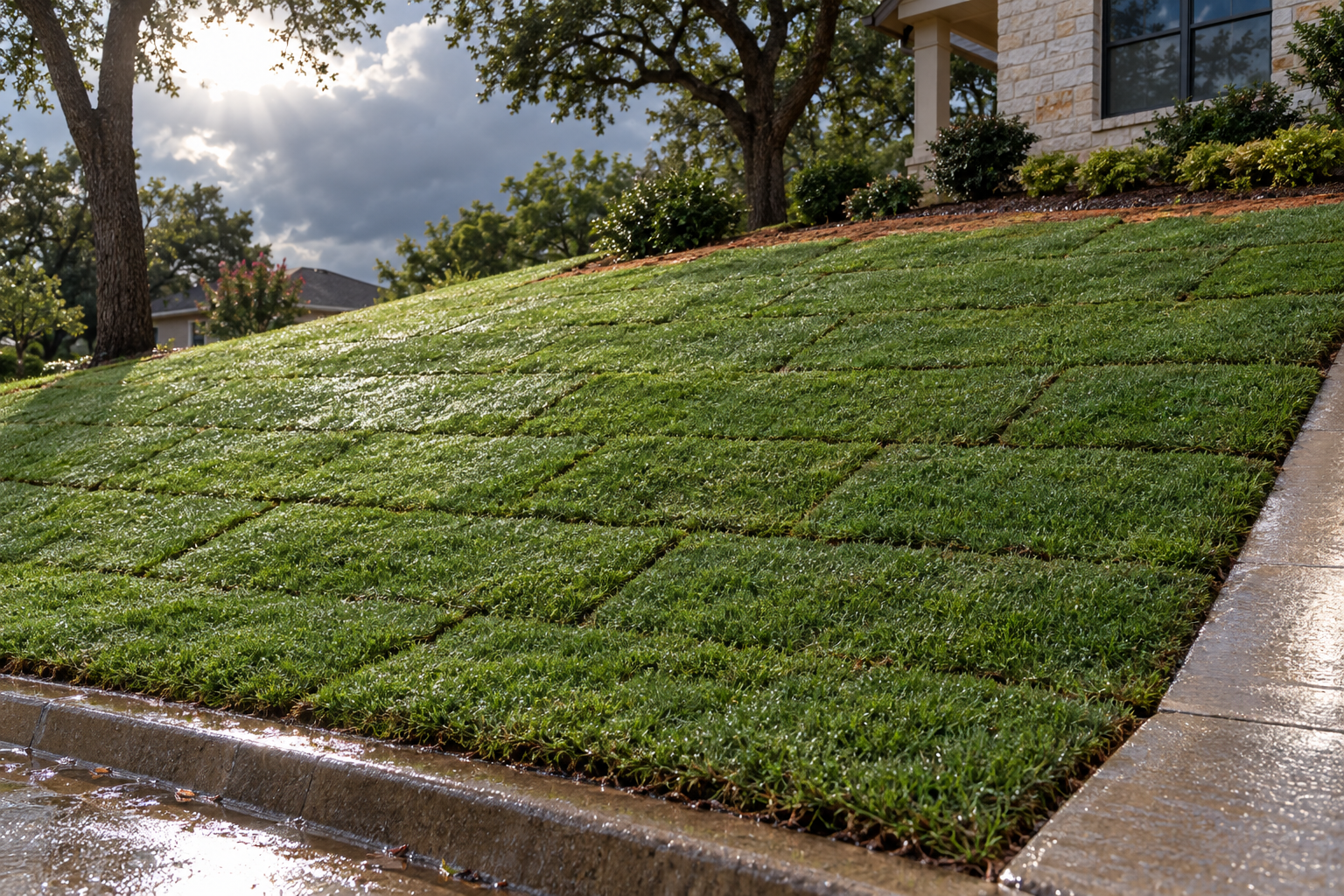 Newly laid sod holding tight on a sloped front yard after a storm