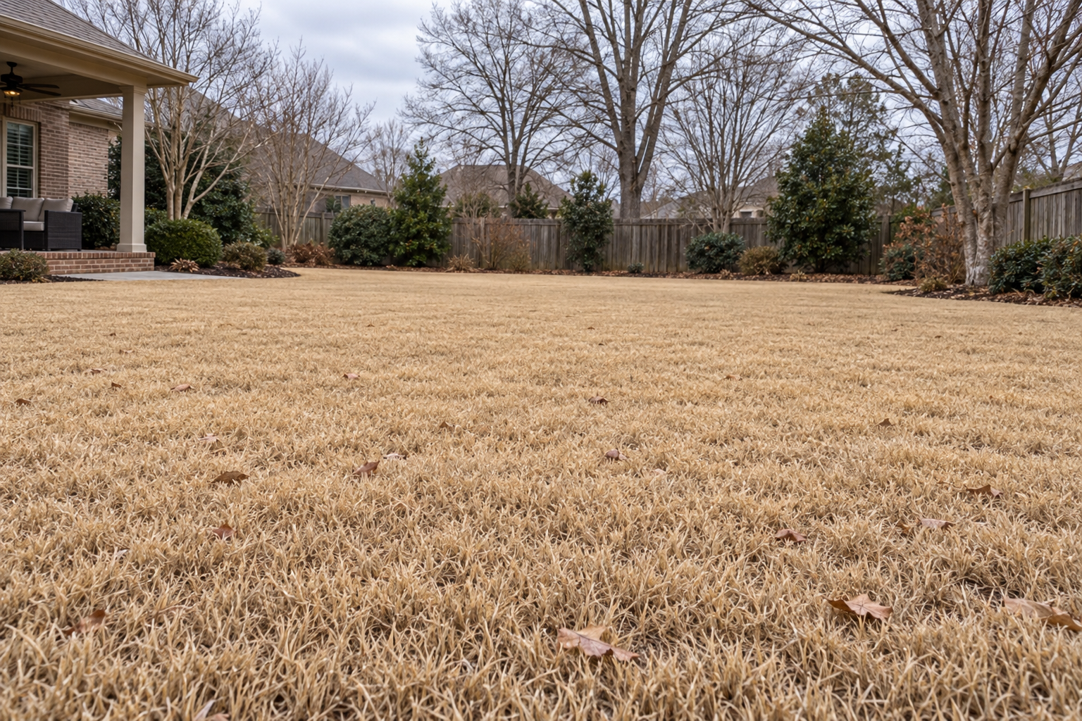 Dense Bermuda grass lawn gone tan and dormant in winter