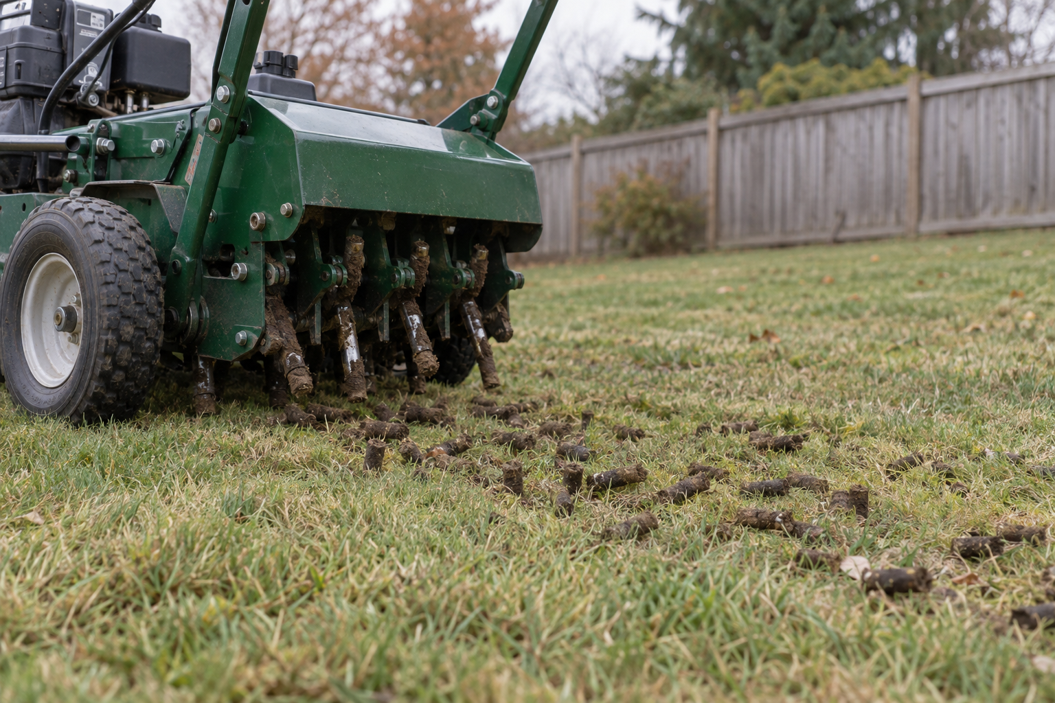 Core aerator leaving soil plugs on a lawn