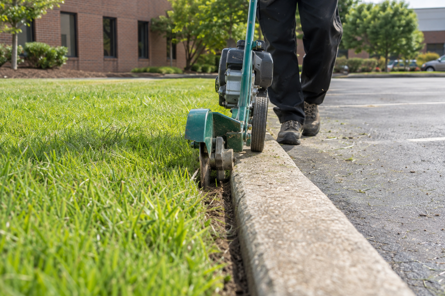 Stick edger cutting a clean line along a parking-lot curb