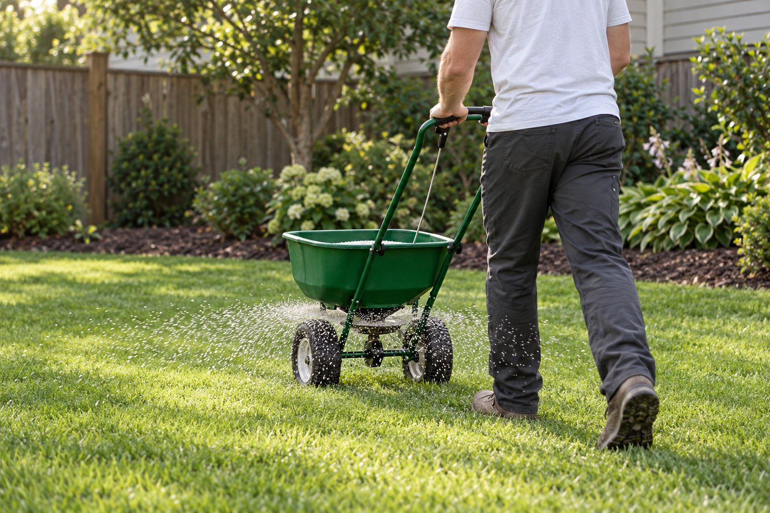 Broadcast spreader being pushed across a green lawn