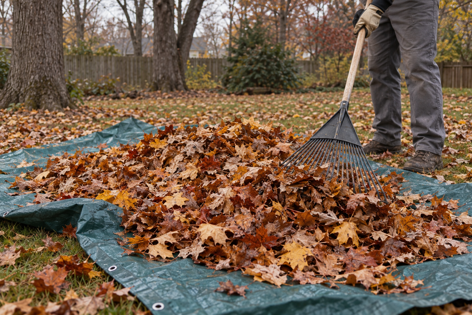 Fallen leaves raked onto a tarp on a lawn