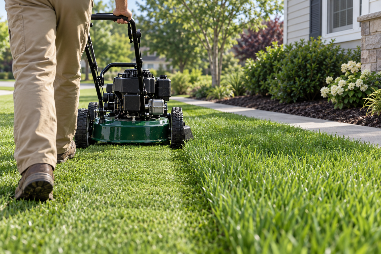 Walk-behind mower cutting a stripe across a front lawn