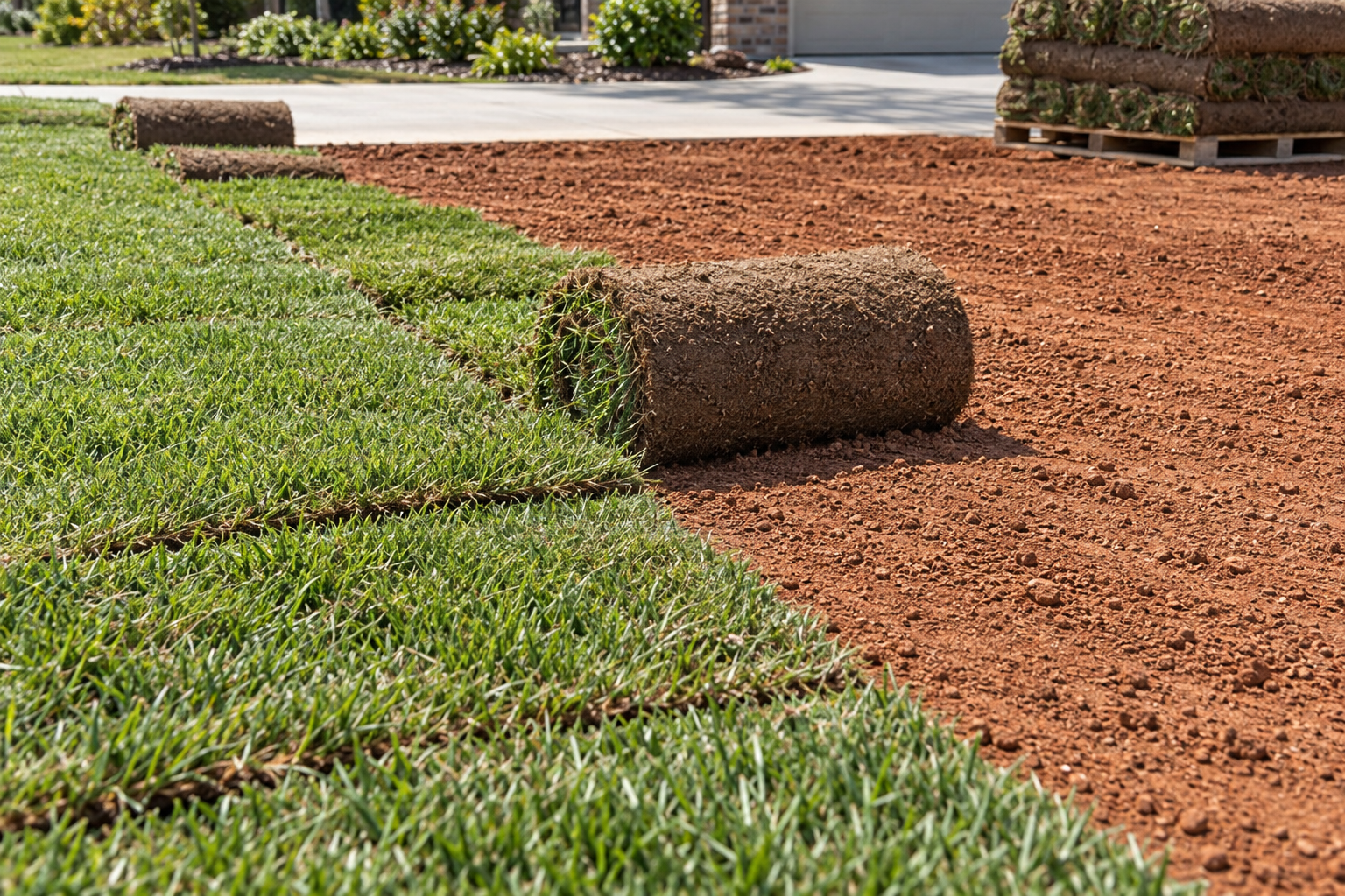Sod rolls half laid on prepared soil