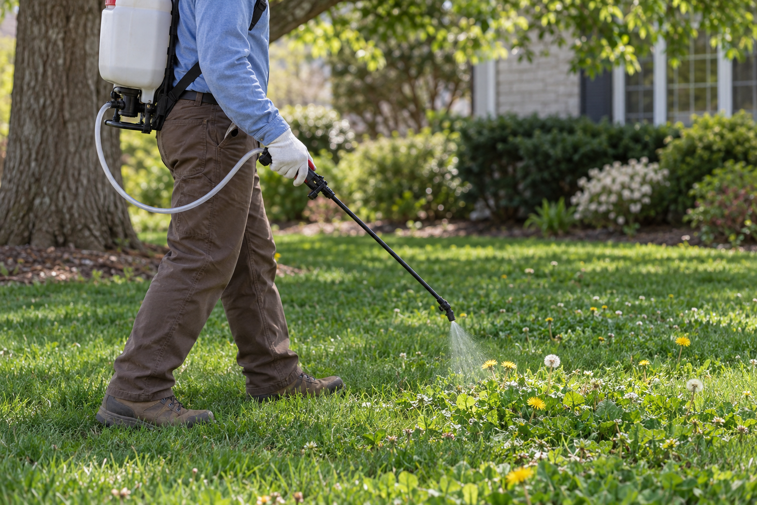 Backpack sprayer wand spot-treating clover in a lawn