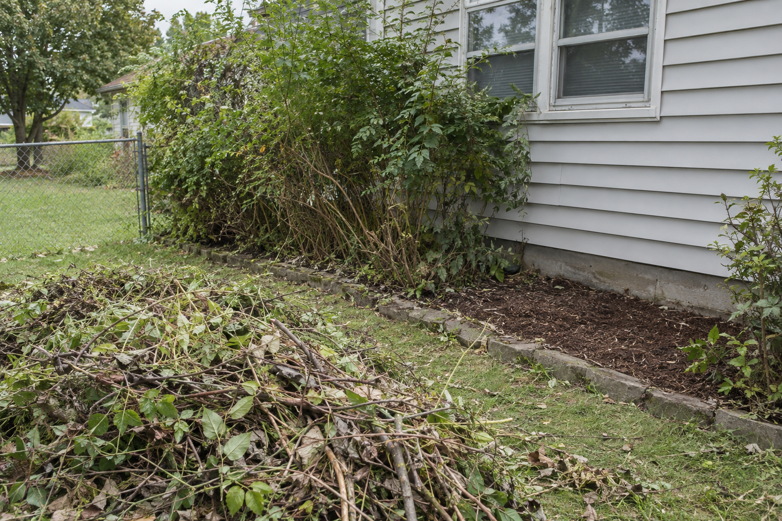 Overgrown garden bed half cleared with brush piled on the lawn