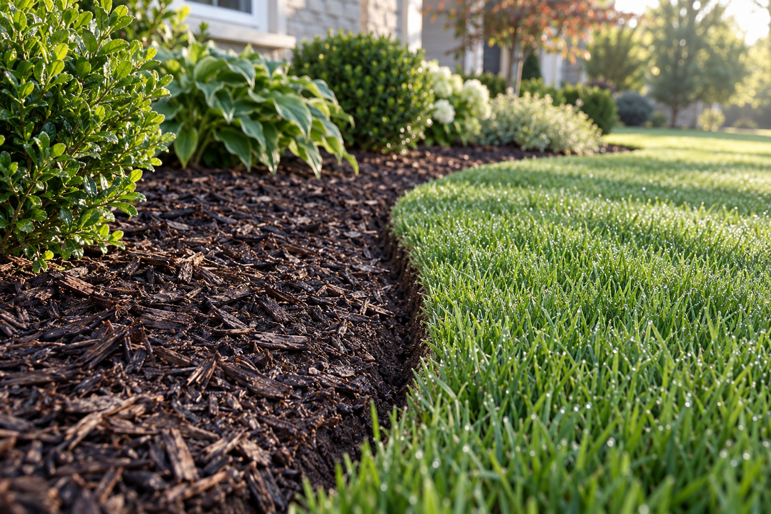 Close view of a crisp lawn edge beside a mulch bed