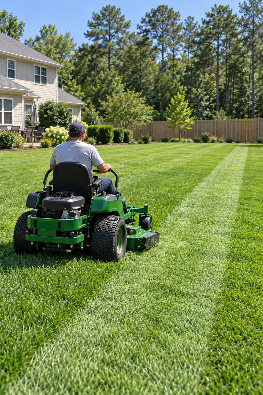 zero-turn mower and string trimming on a lawn