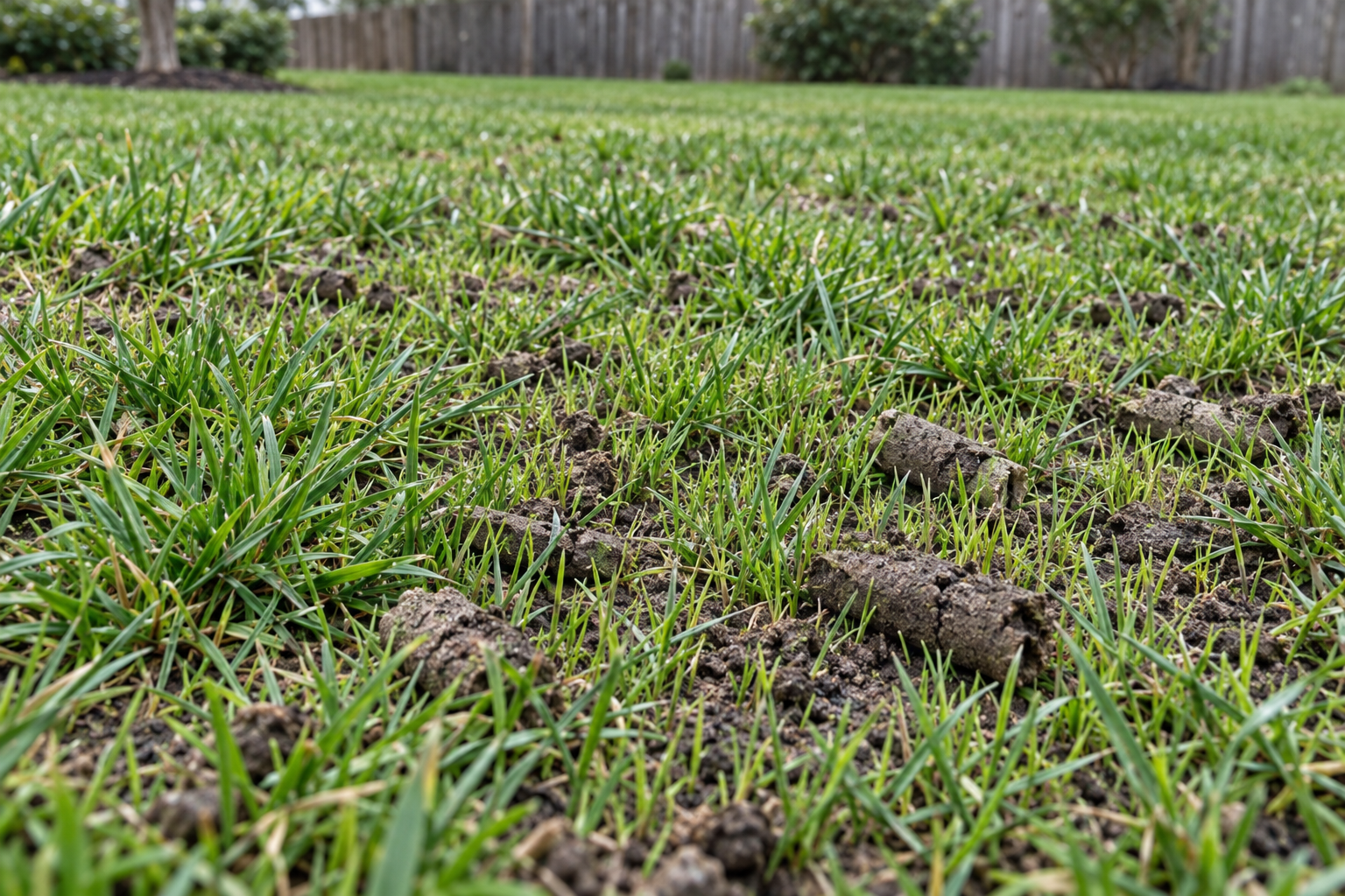 New grass seedlings coming up between weathered soil plugs on an overseeded lawn