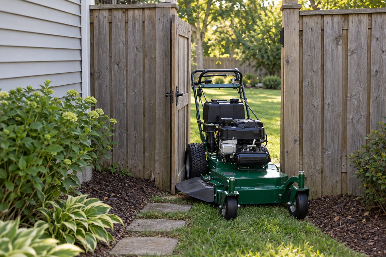 Walk-behind mower beside a narrow open gate in a wooden privacy fence