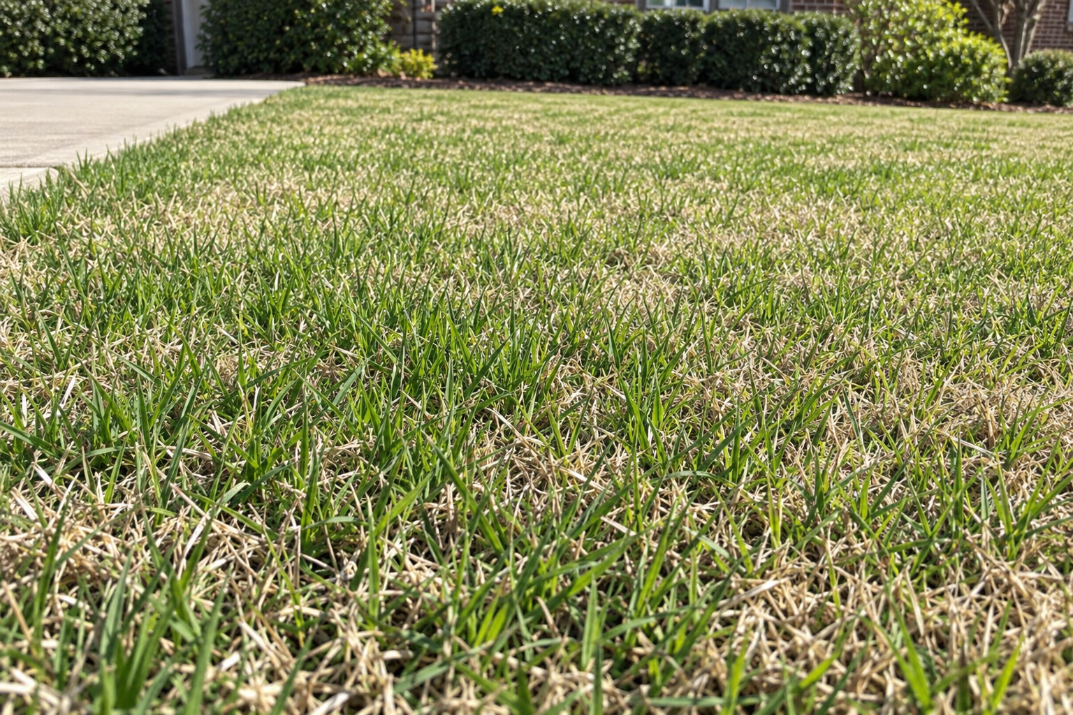 Bermuda grass lawn greening up in spring, green runners spreading through tan dormant turf