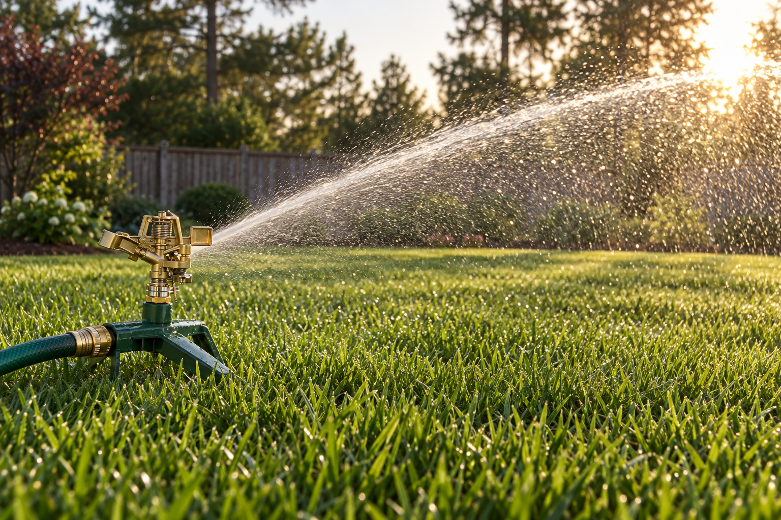Sprinkler watering a green lawn in late afternoon light