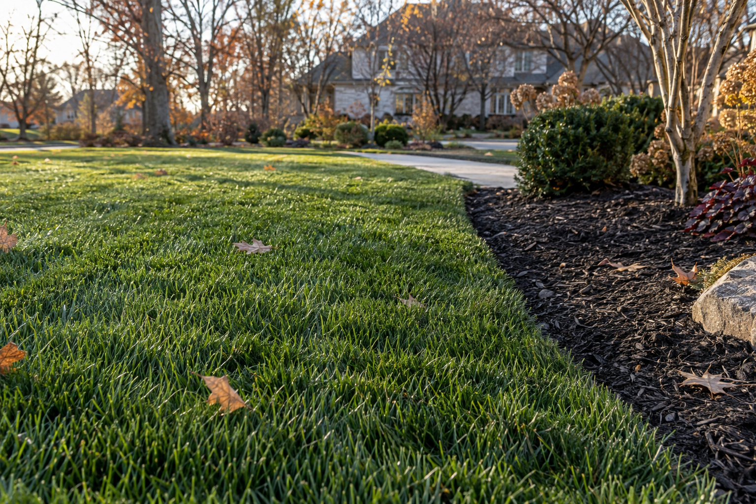 Cleared fescue lawn in fall with a clean edge along a mulched bed
