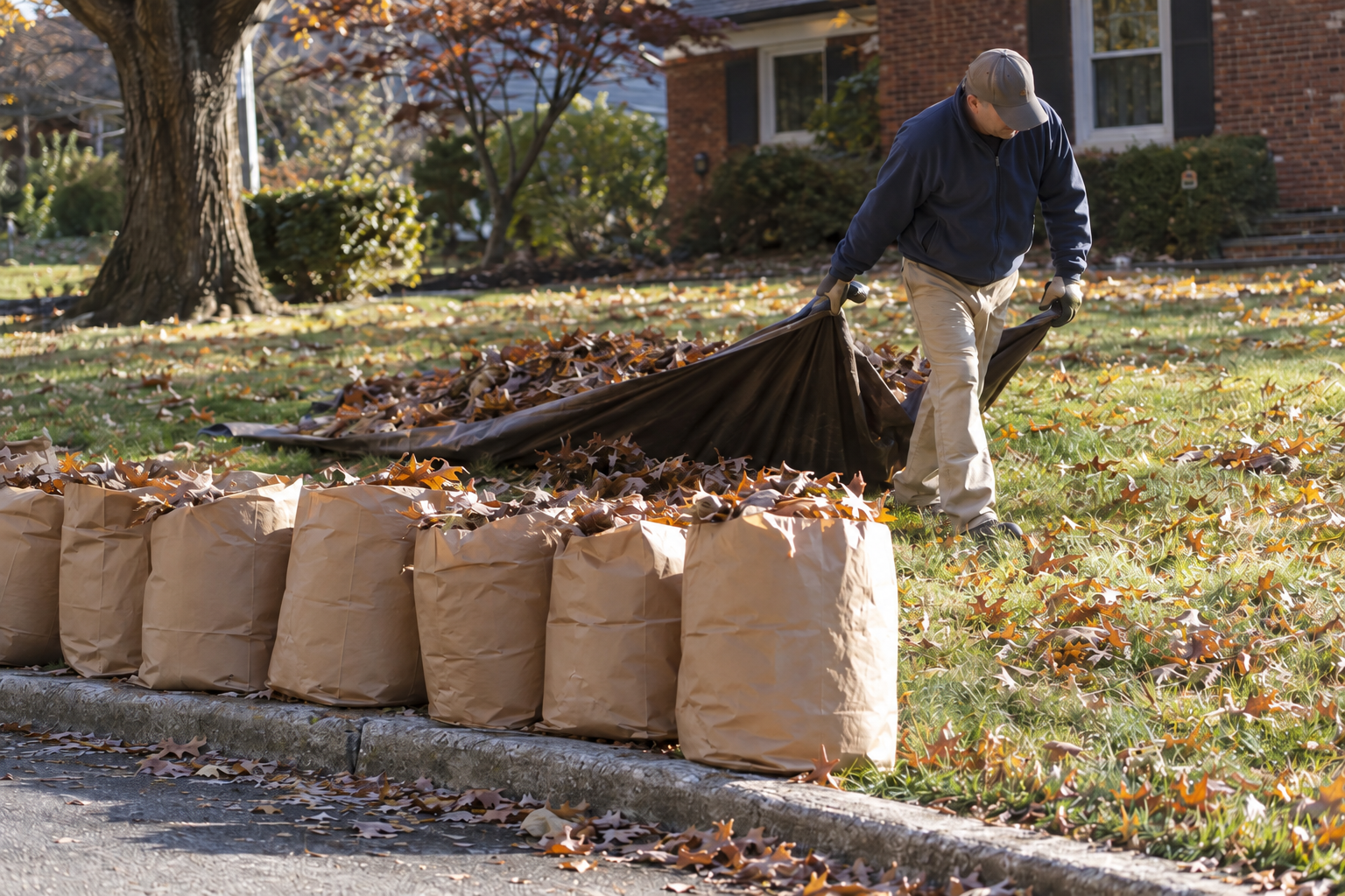 curbside leaf pile after cleanup