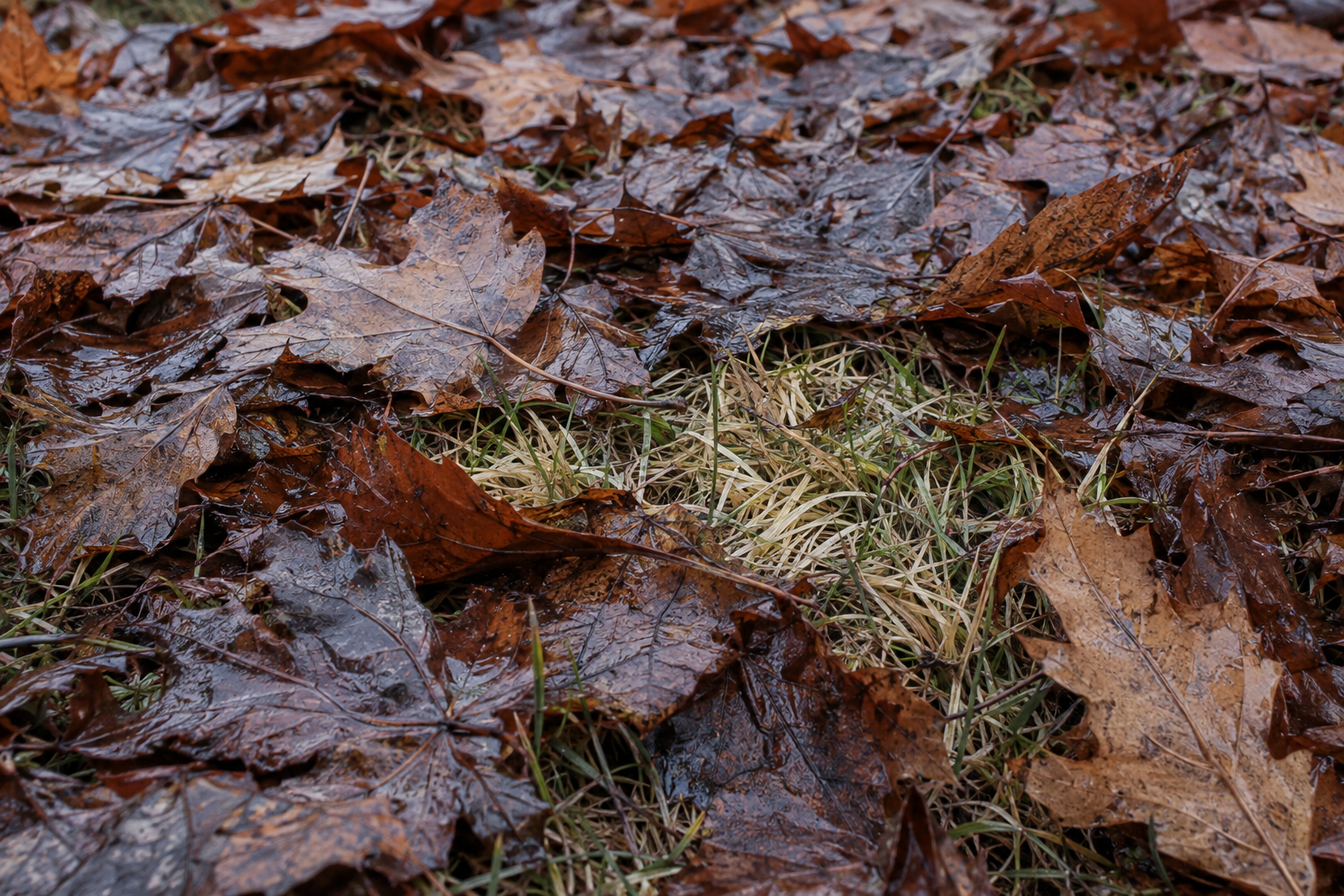 Wet fallen leaves matted down on a fescue lawn