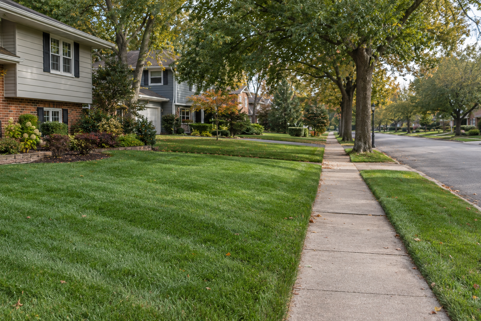 A quiet residential street of mowed front lawns and houses set back under mature oaks