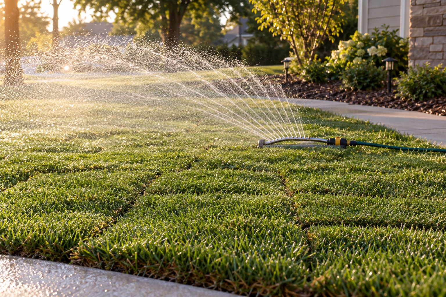 Newly sodded lawn with tight seams under a running sprinkler in late afternoon light