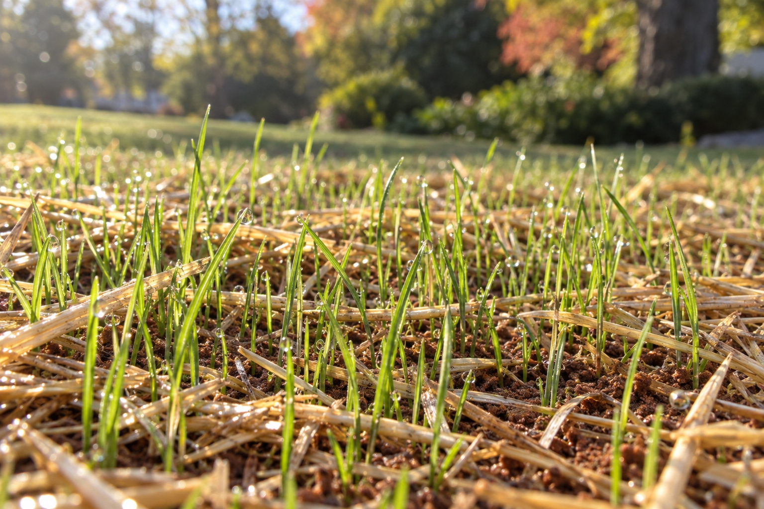 Young grass seedlings coming up through straw on a newly seeded lawn