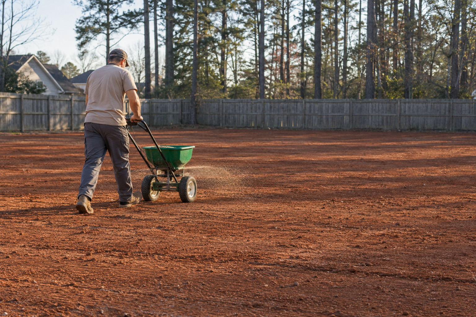 Worker pushing a broadcast spreader across a large, flat area of raked bare soil