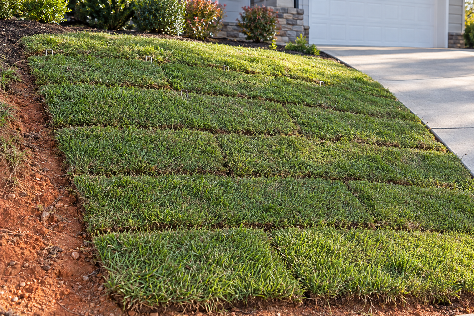 Rows of new sod laid across a sloped bank and pinned with staples
