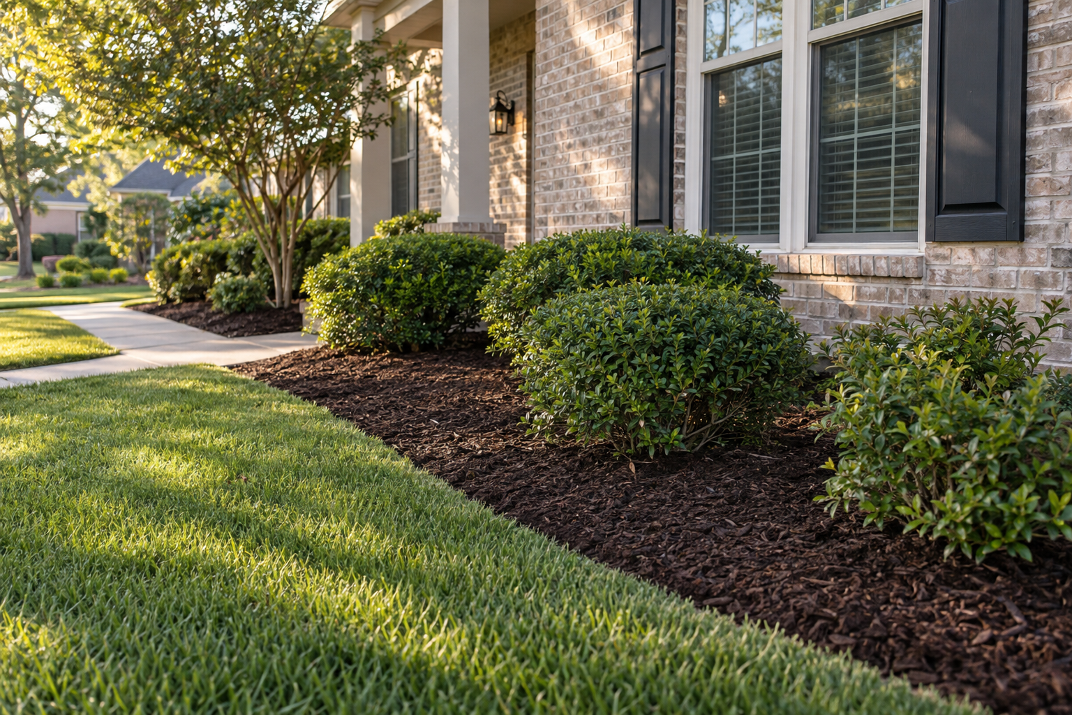 Cleared foundation bed with shaped shrubs, fresh mulch and a crisp edge along a mowed lawn